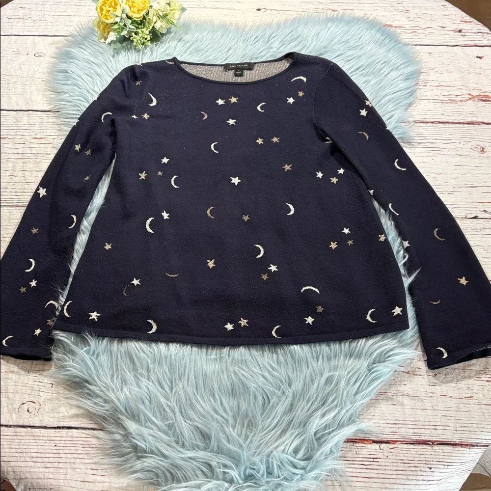 Ann Taylor Moon Star Celestial Knit Navy Top sz S